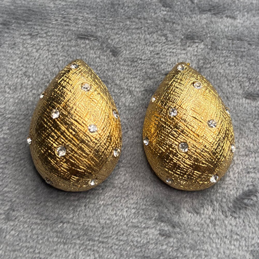 Christian Dior style Gold-Tone Textured Crystal Dome Clip-On Earrings